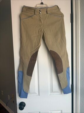 Women’s Tan Riding Breeches with Blue Ankles and Brown Knee Patches sz 26